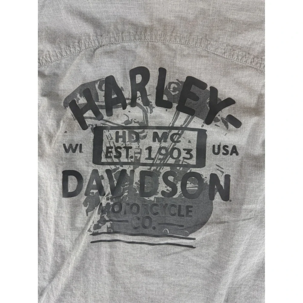 Harley Davidson Button Down Shirt Mens L Grey Short Sleeve Graphic Epaulet 59615